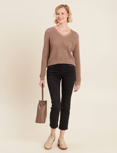 Pull manches longues col en V taupe femme