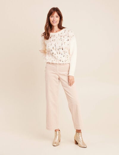 Pull col rond manches longues doubl&eacute; ecru femme