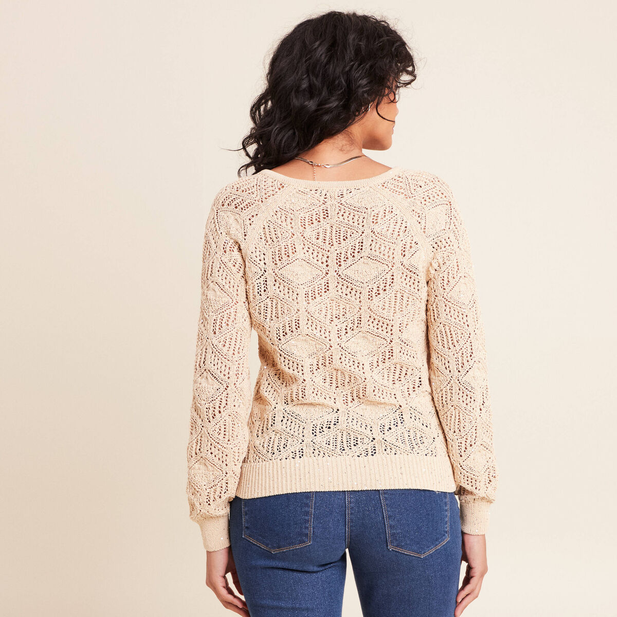 Pull col v manches longues dentelle sable femme