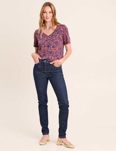 T-shirt col V manches courtes marron femme
