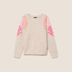Pull col v avec broderie beige femme
