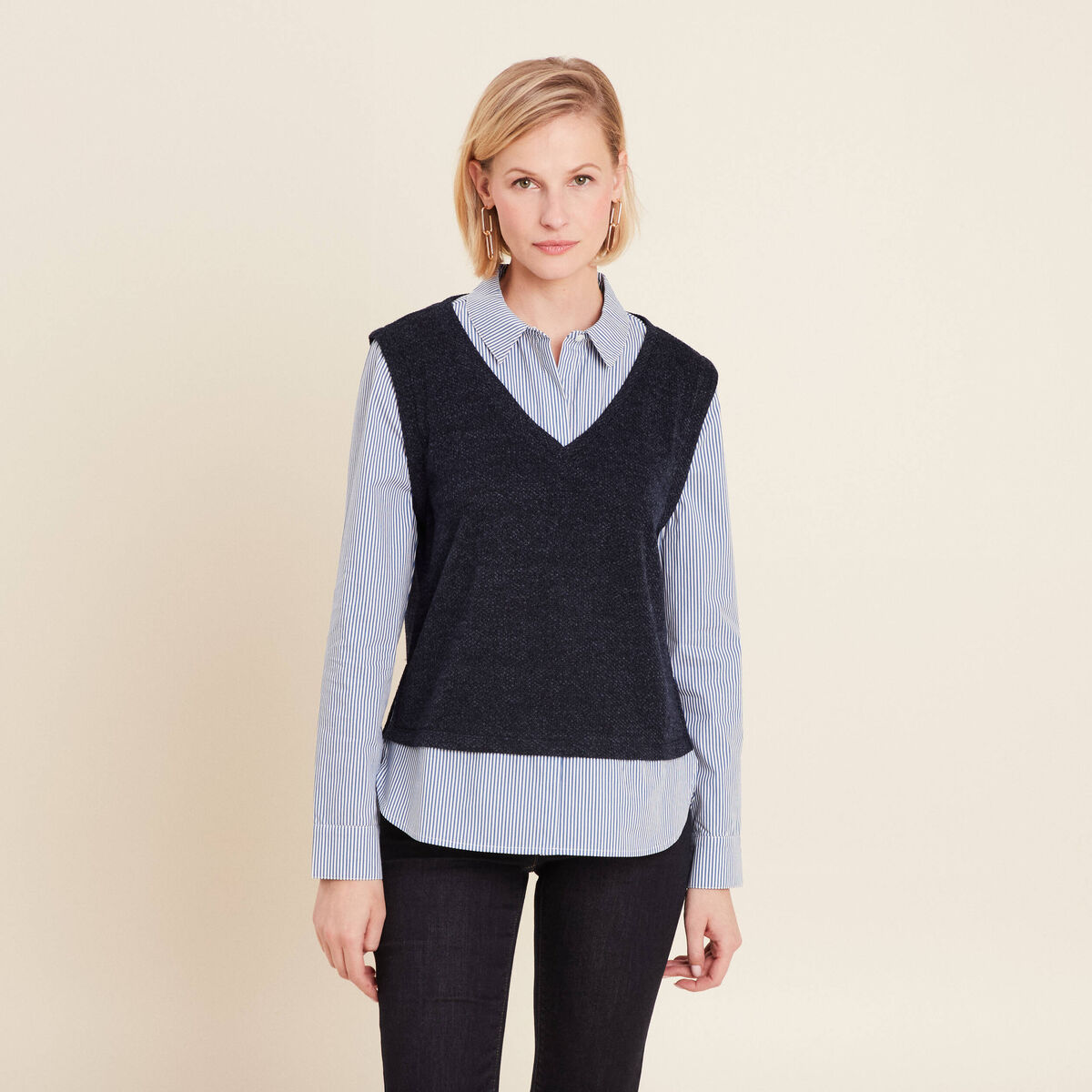 Pull effet 2-en-1 chemise bleu foncé femme