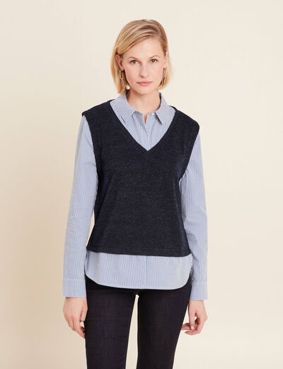 Pull effet 2-en-1 chemise bleu fonc&eacute; femme