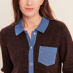 Gilet col chemise manches longues marron fonc&eacute; femme