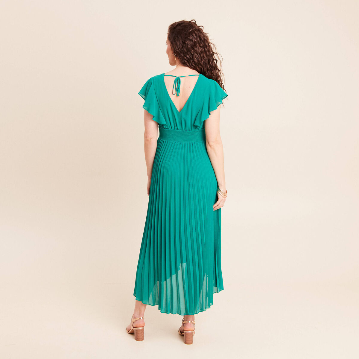 Robe longue &eacute;vas&eacute;e &agrave; volants vert menthe femme