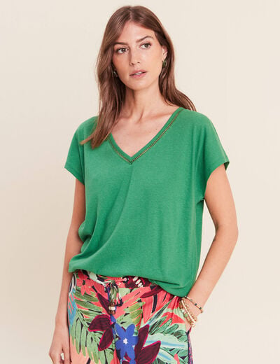 T-shirt col v manches courtes aspect lin vert femme