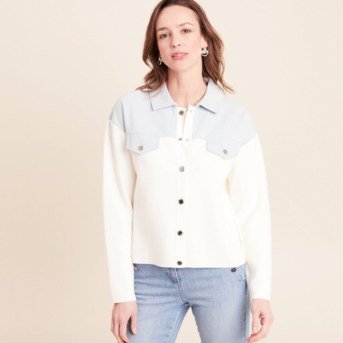 Gilet manches longues col chemise ecru femme