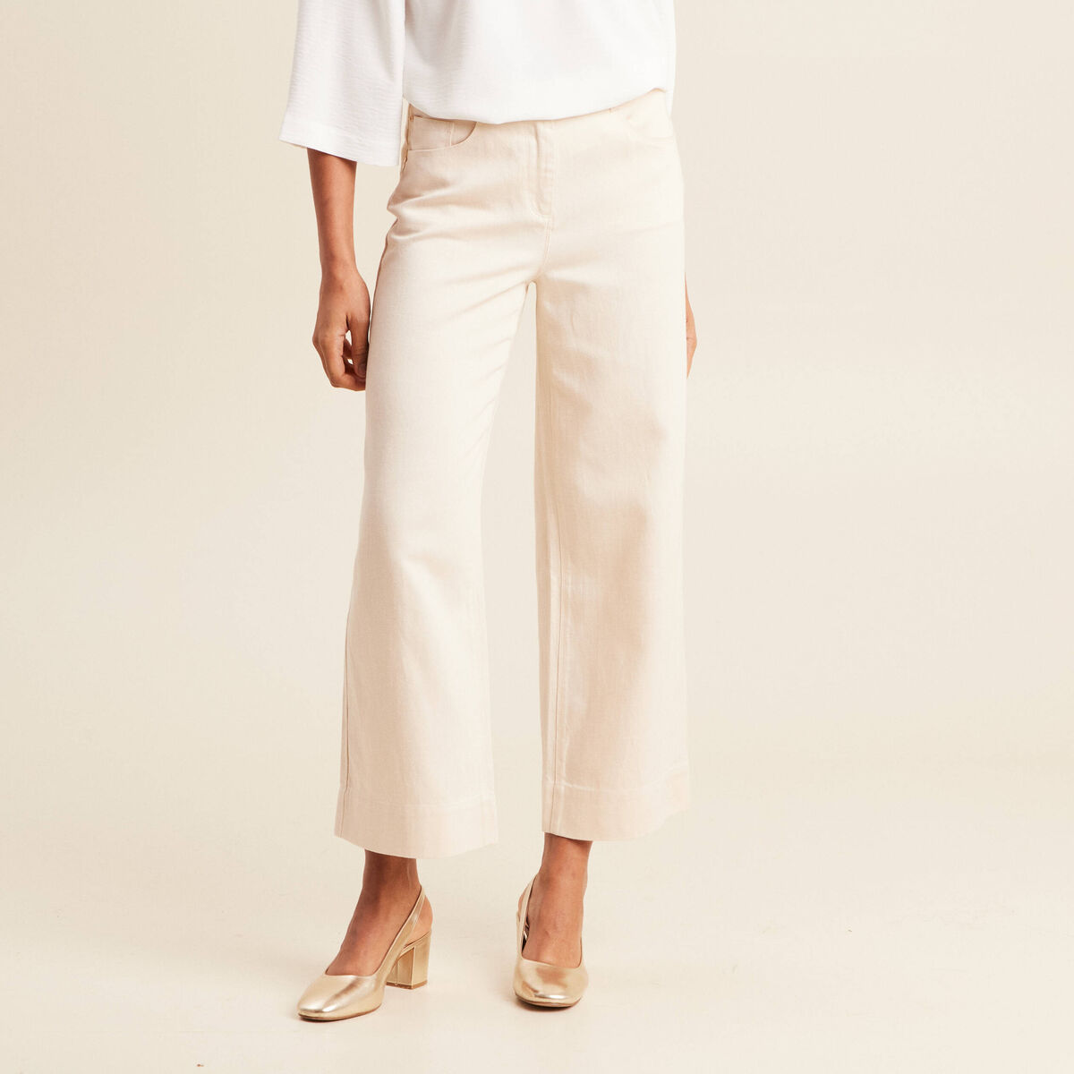 Pantalon large 7/8&egrave;me ivoire femme
