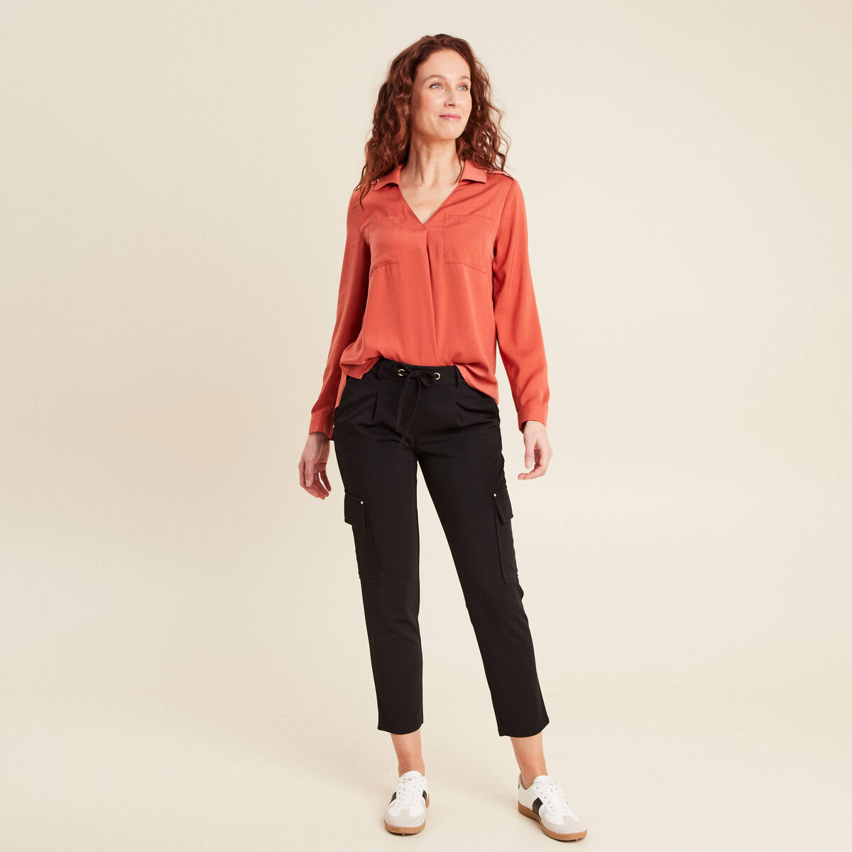 Blouse manches longues satin vieux rose femme