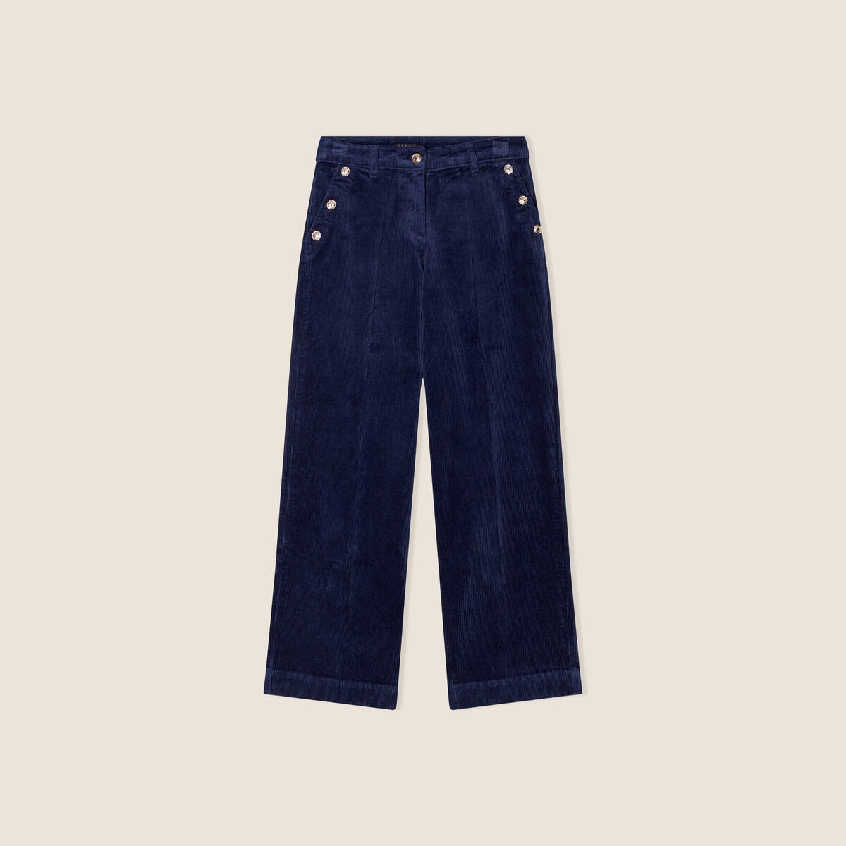 Pantalon large velours c&ocirc;tel&eacute; bleu marine femme