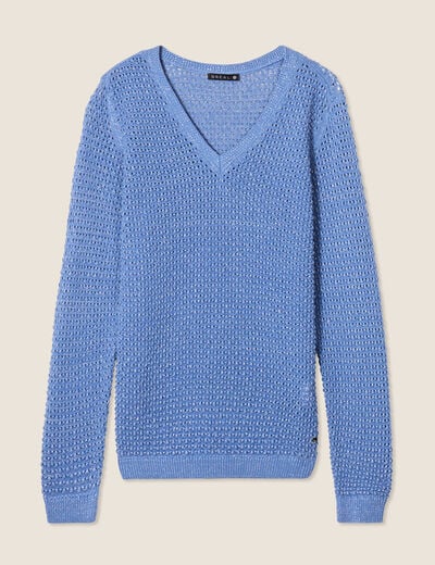 Pull manches longues col en V bleu ciel femme