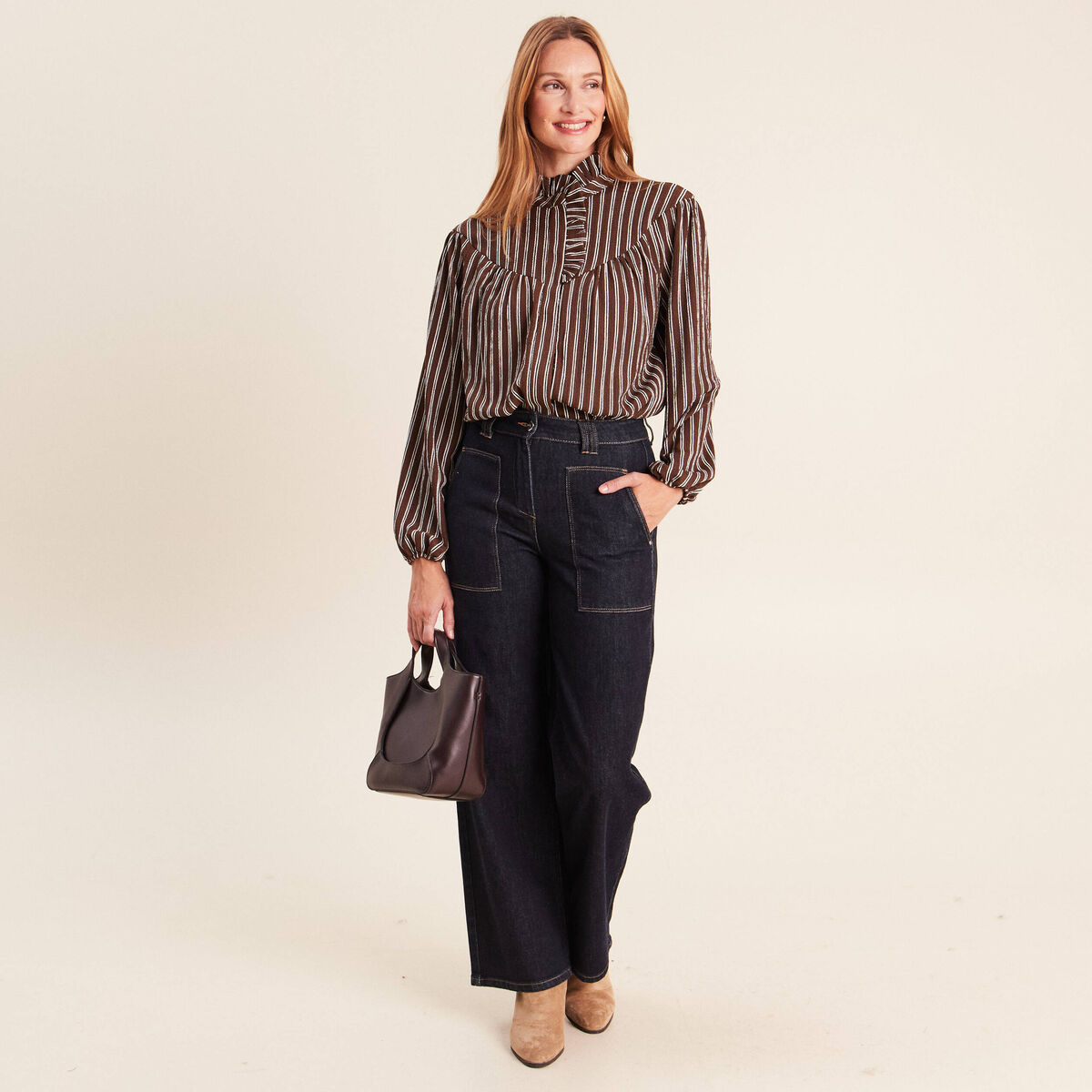 Blouse droite manches longues marron femme