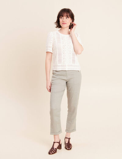 T-shirt col rond &agrave; dentelle ecru femme