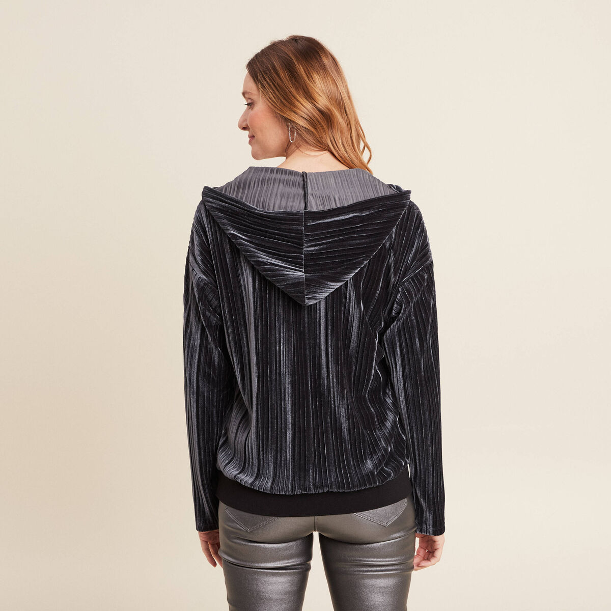Sweat manches longues pliss&eacute; gris argent femme