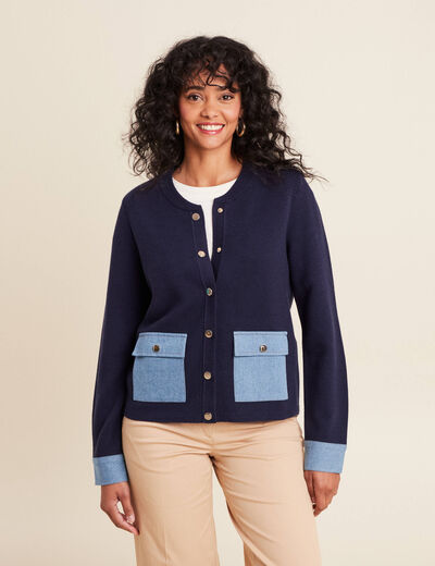 gilet droit court manches longues bleu marine femme