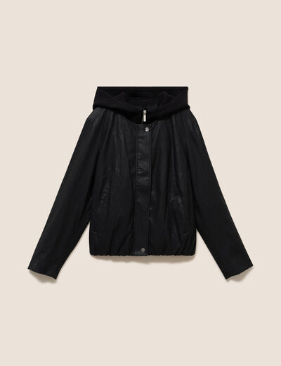 Blouson capuche bas resserr&eacute; similicuir noir femme