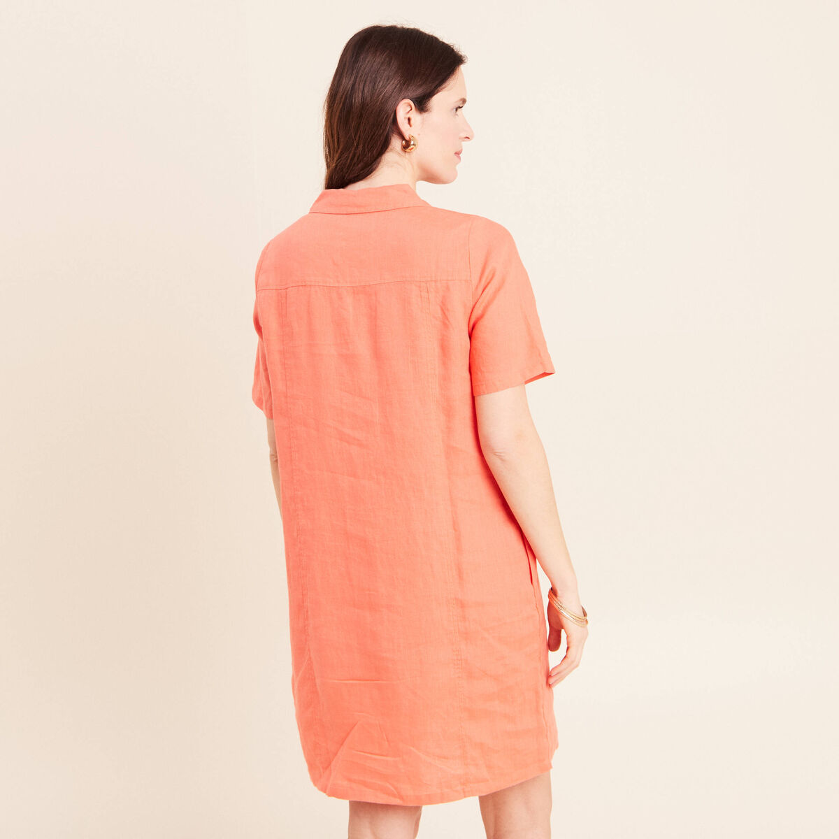 Robe droite courte col chemise orange fluo femme