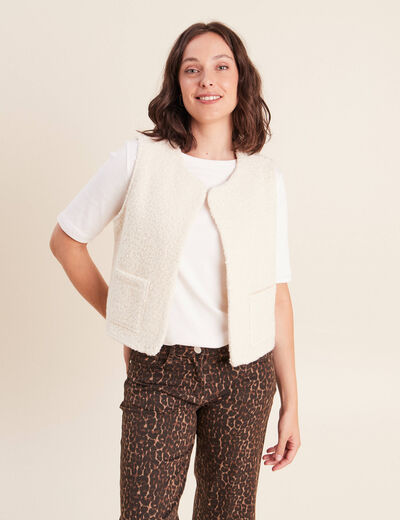 Gilet sans manches bouclette poches ecru femme