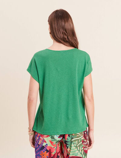 T-shirt col v manches courtes aspect lin vert femme