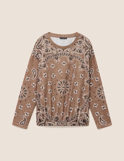 Pull col rond manches longues strass marron femme