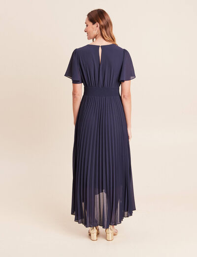 Robe longue &eacute;vas&eacute;e col v manches courtes bleu marine femme