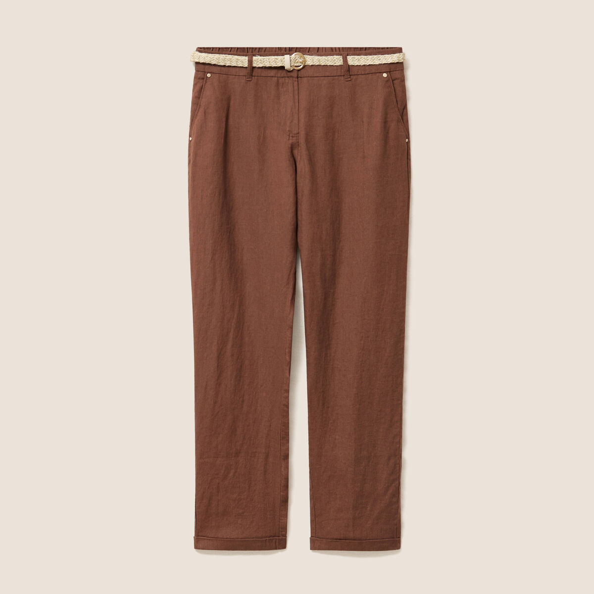 Pantalon coupe chino en lin ceintur&eacute; marron fonc&eacute; femme