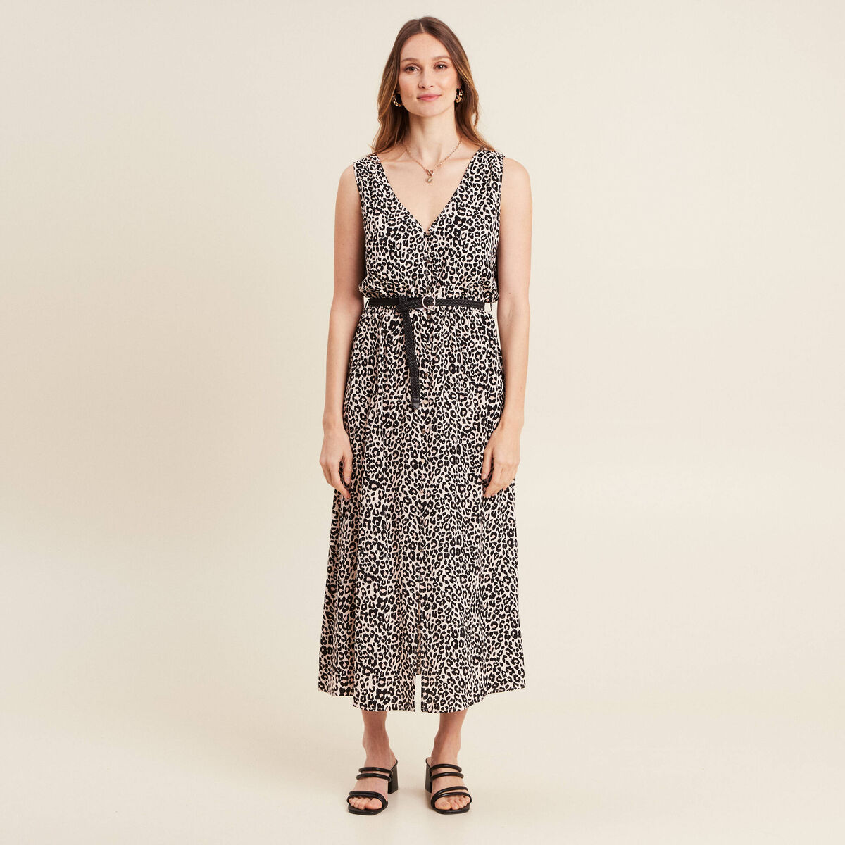 Robe midi &eacute;vas&eacute;e ceintur&eacute;e rose pastel femme