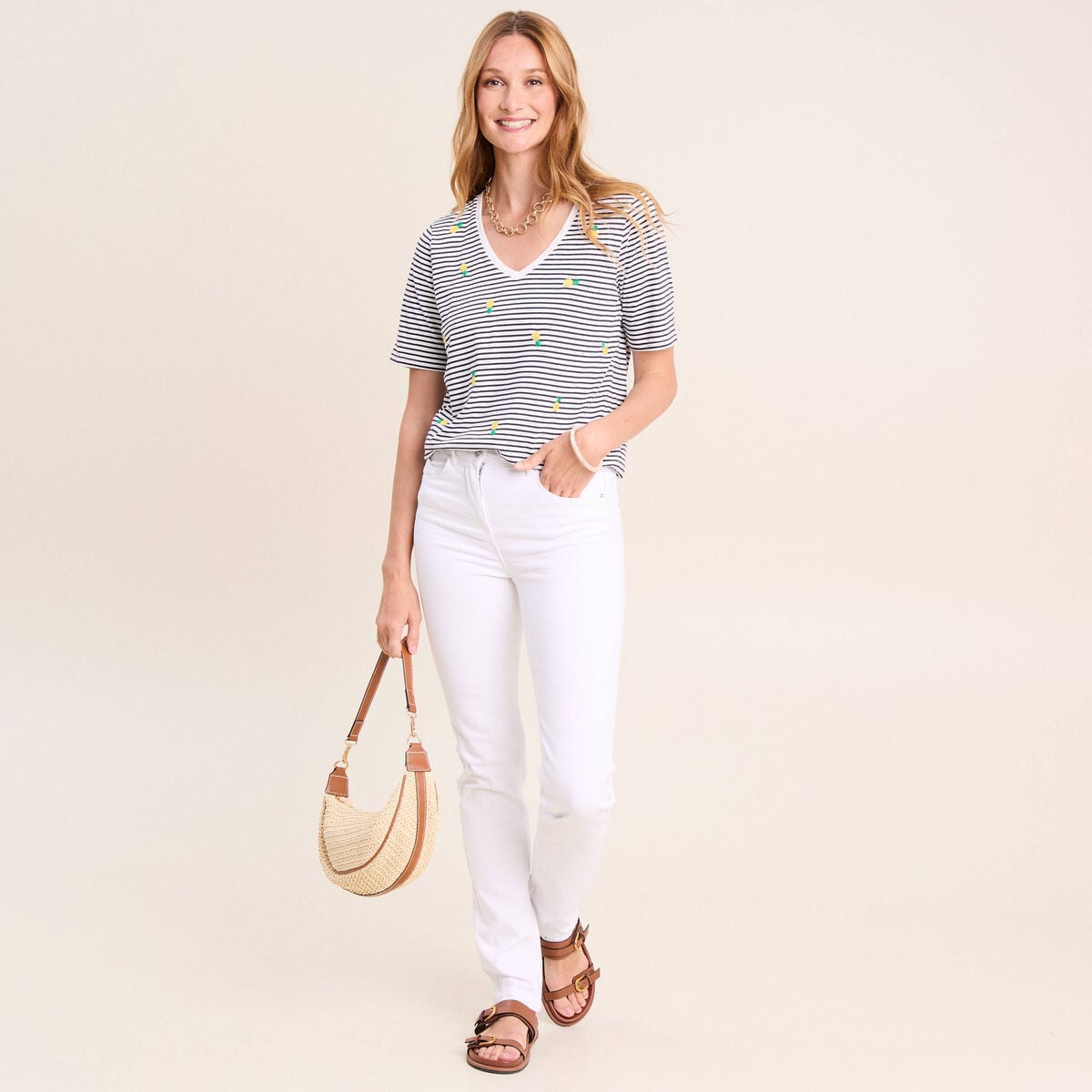 T-shirt droit broderie manches courtes bleu femme