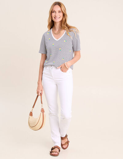 T-shirt droit broderie manches courtes bleu femme