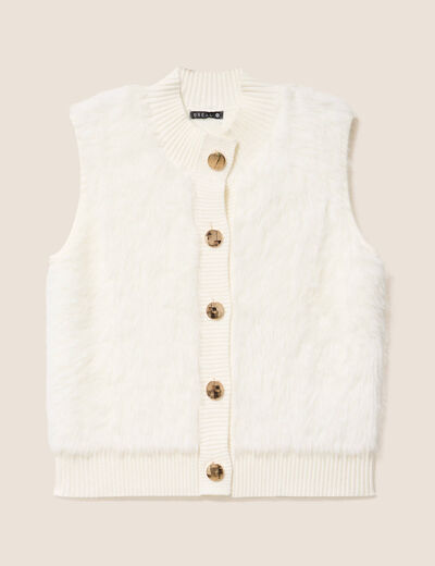 Gilet sans manches duveteux ecru femme