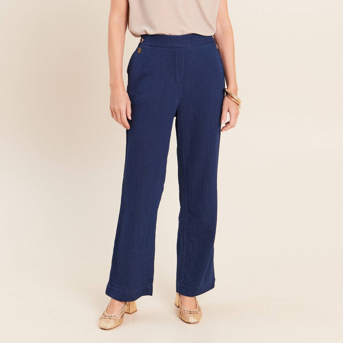 Pantalon large 7/8&egrave;me taille haute bleu roi femme