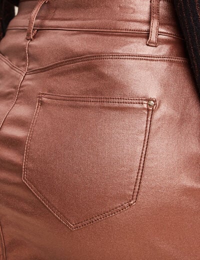 Jupe midi droite enduite couleur cuivre femme