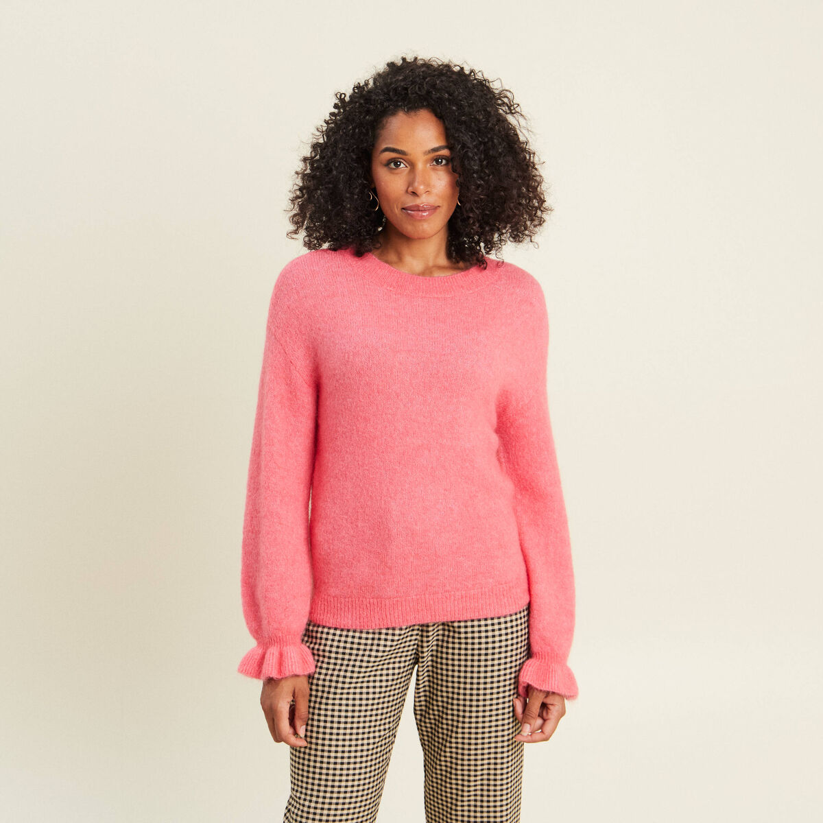 Pull col rond rose framboise femme