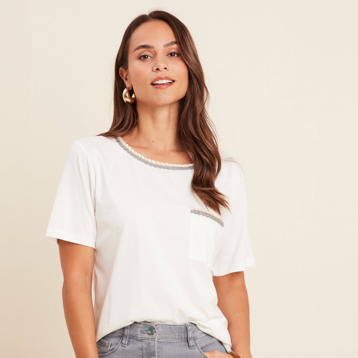 T-shirt col rond manches coudes tressé ecru femme