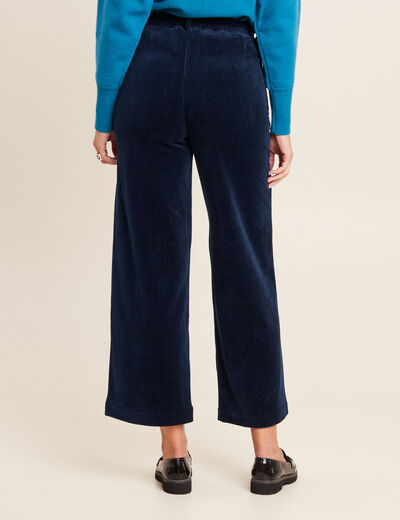 Pantalon large velours bleu marine femme