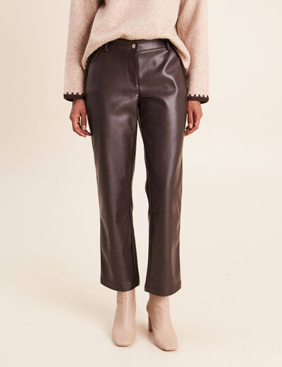 Pantalon droit 7/8&egrave;me taille bascul&eacute;e marron fonc&eacute; femme