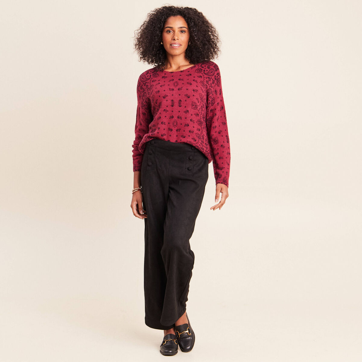 Pull col rond bordeaux femme
