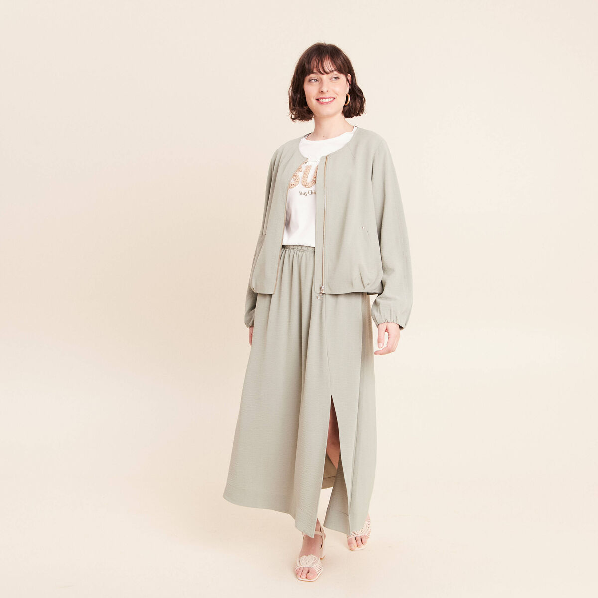 Veste fluide manches longues doubl&eacute;e vert clair femme