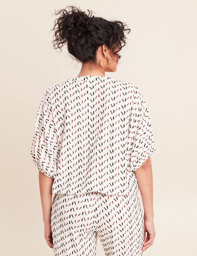 T-shirt effet boule col v manches coudes blanc femme