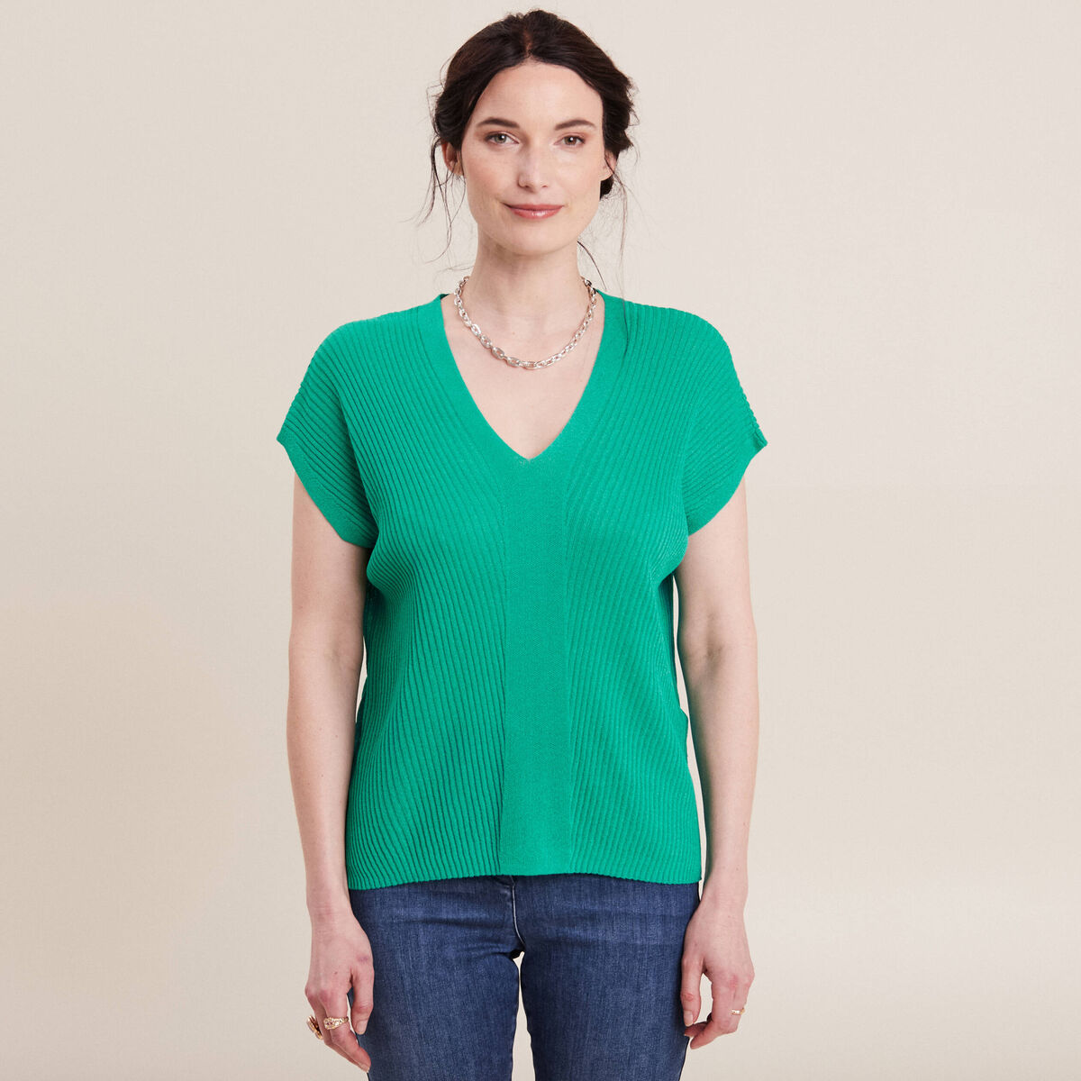 Pull &agrave; manches courtes vert turquoise femme