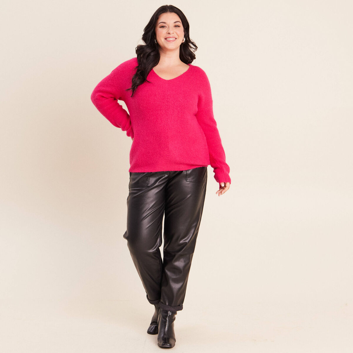 Pull col v rose femme