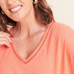 T-shirt col v manches courtes aspect lin orange fluo femme