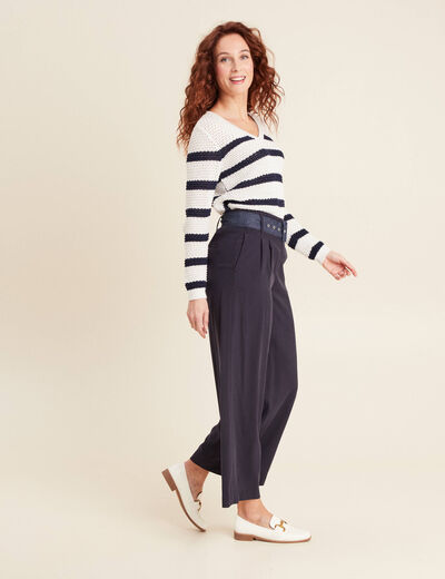 Pantalon large ceinturé bleu foncé femme