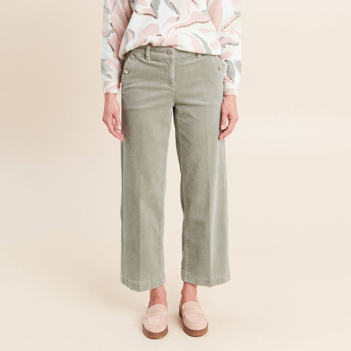 Pantalon large velours c&ocirc;tel&eacute; vert clair femme