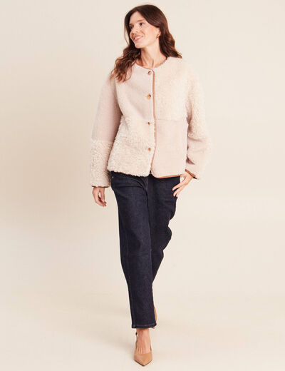 Manteau manches longues fausse fourrure ecru femme
