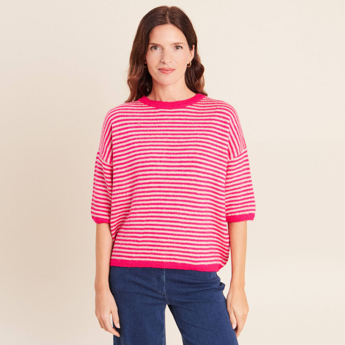 Pull droit col rond manches 3/4 rose femme