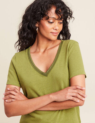 T-shirt manches courtes col en V vert femme