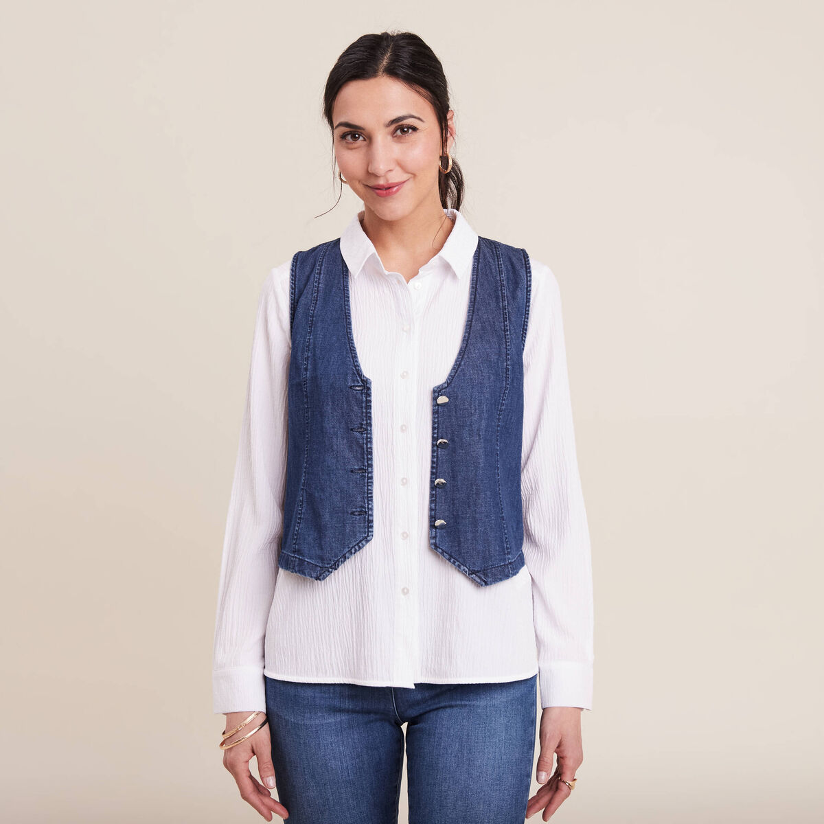 Gilet barman sans manches jean denim double stone femme