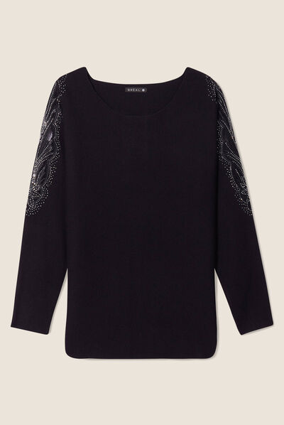 Pull manches longues strass noir femme