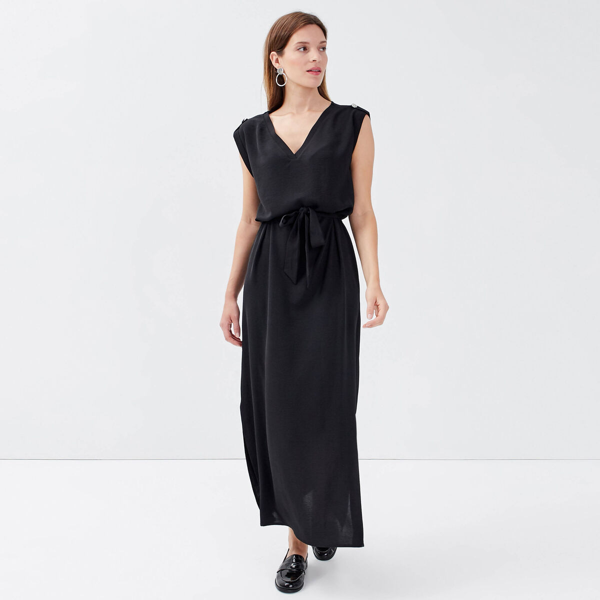 Robe longue droite ceinturée noir femme